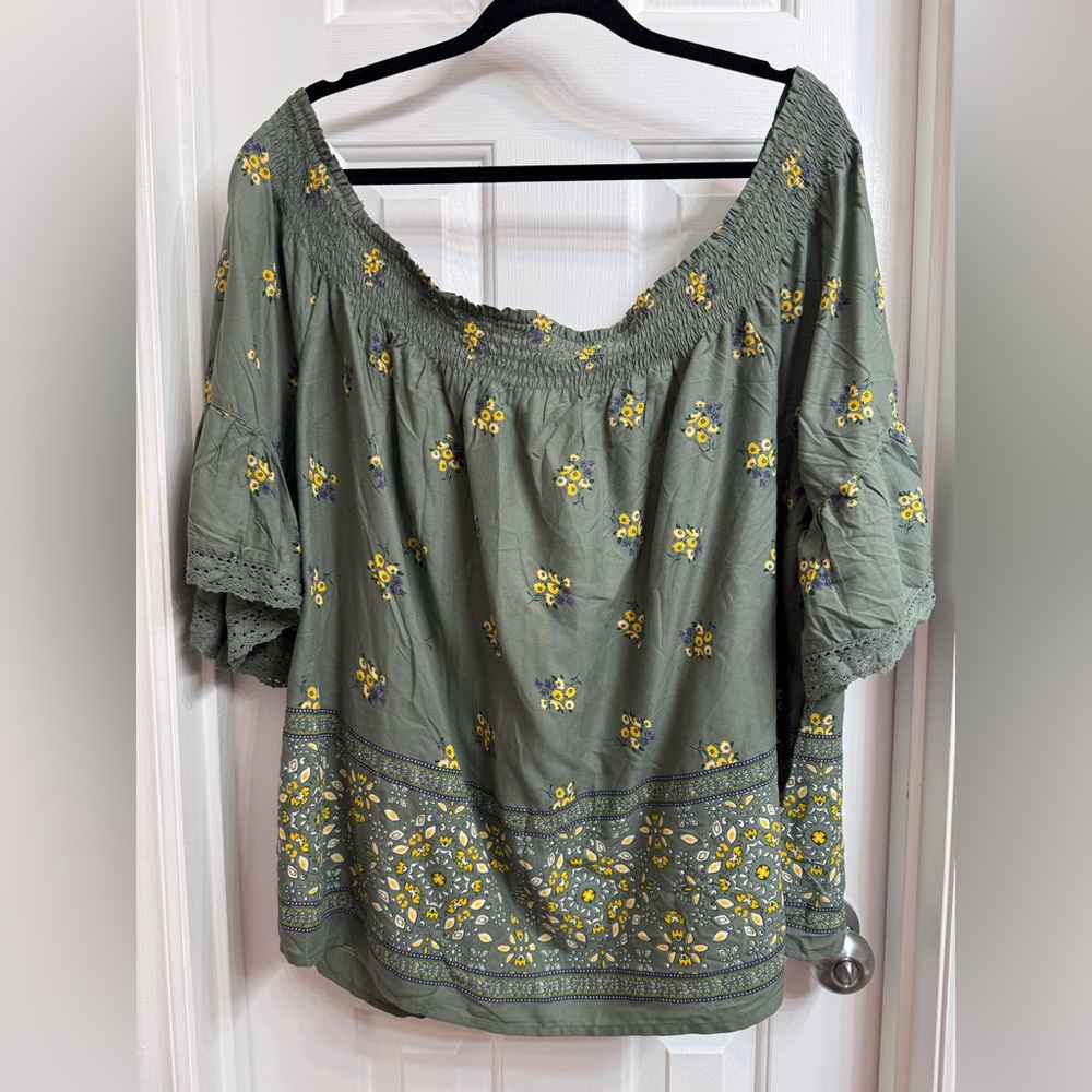 Maurices Green Bell Sleeve Smocked Blouse, Versatile Wear On/Off Shoulder, 3X